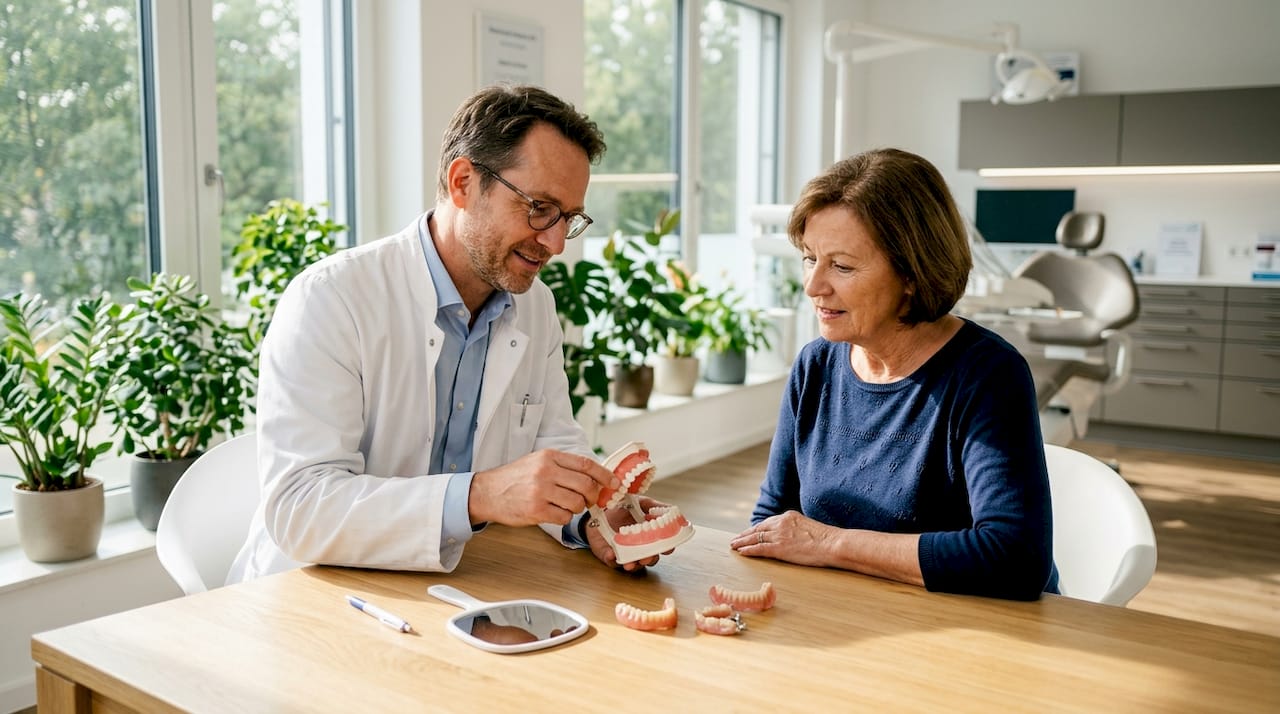 Der Zahnarzt erklärt einer Patientin die verschiedenen Möglichkeiten des Zahnersatzes.