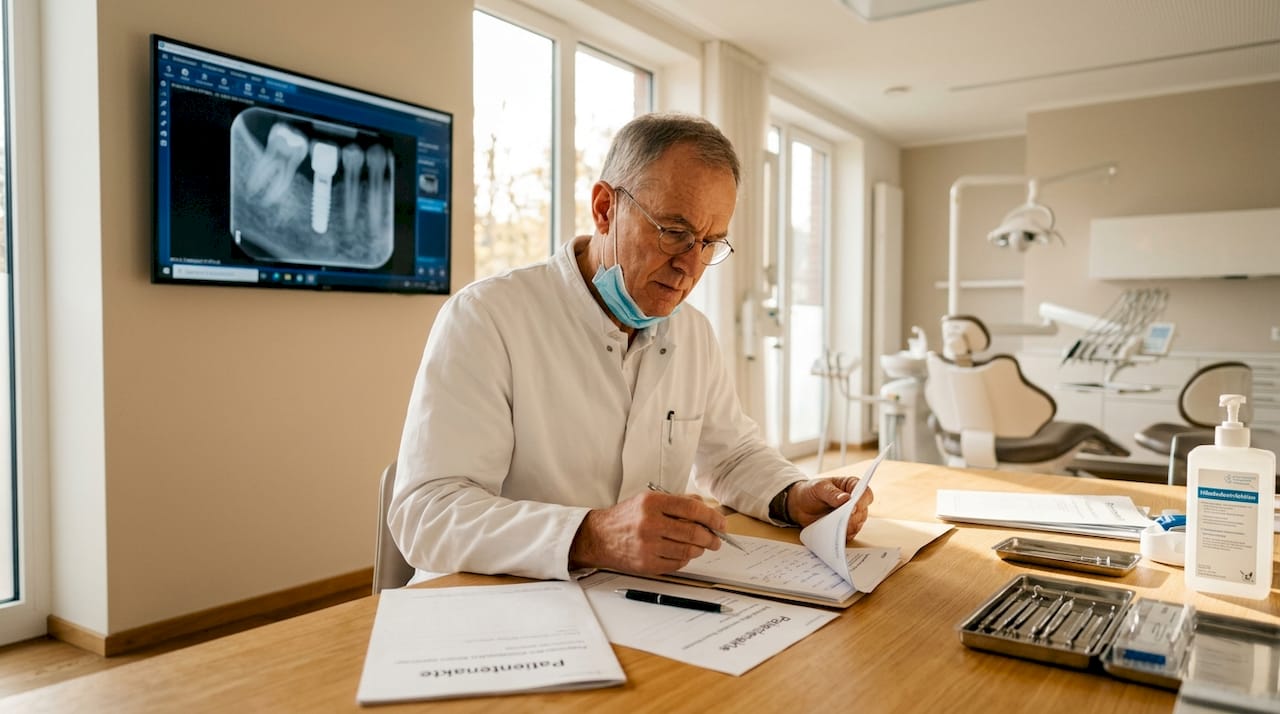 Der Zahnarzt prüft in der Praxis die Unterlagen eines Implantat-Patienten.