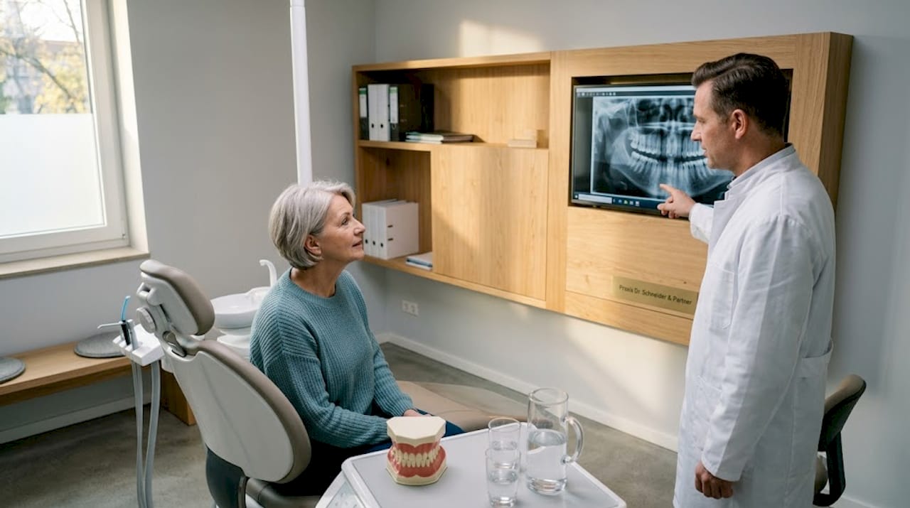 Ein Patient lässt sich von seiner Zahnärztin ausführlich über die Möglichkeiten und den Ablauf einer Zahnimplantation beraten.