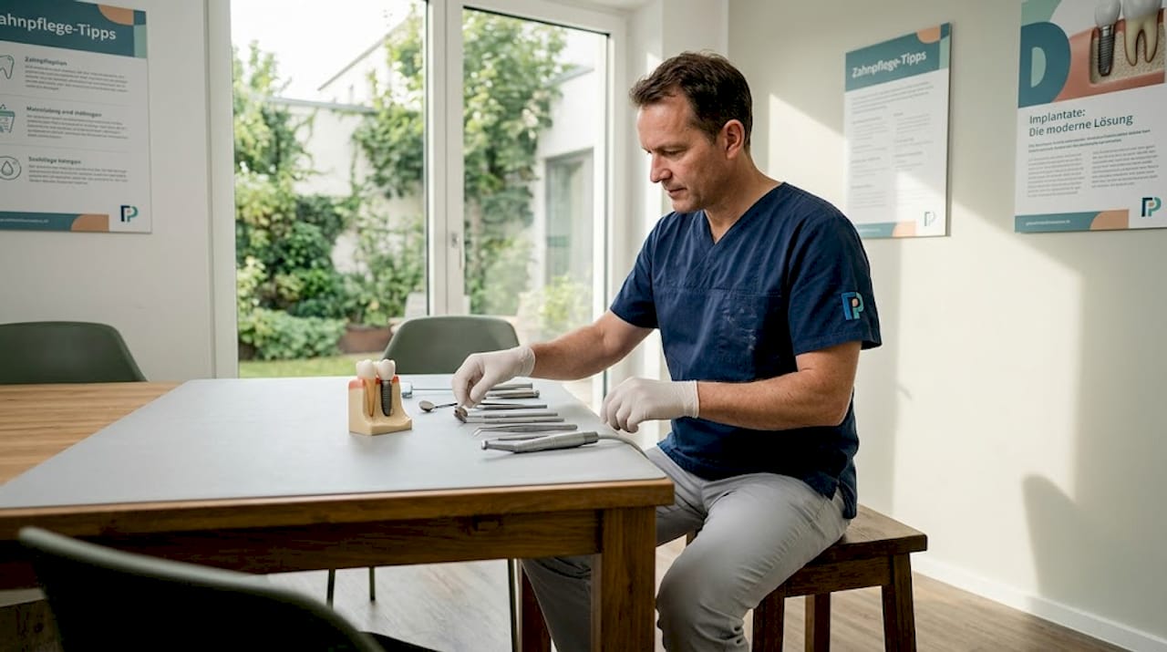 Der Zahnarzt legt die Instrumente bereit, um das Implantat freizulegen.
