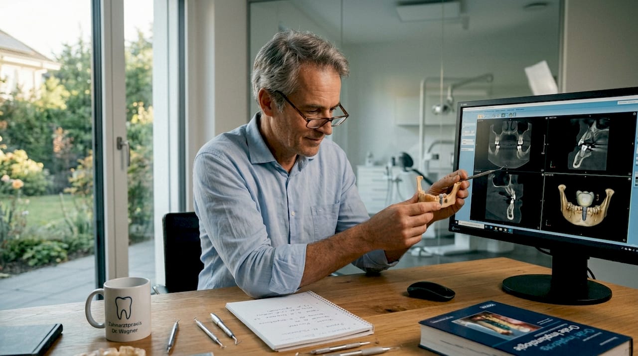 Ein Zahnarzt prüft am Schreibtisch sorgfältig den digitalen Implantatplan.