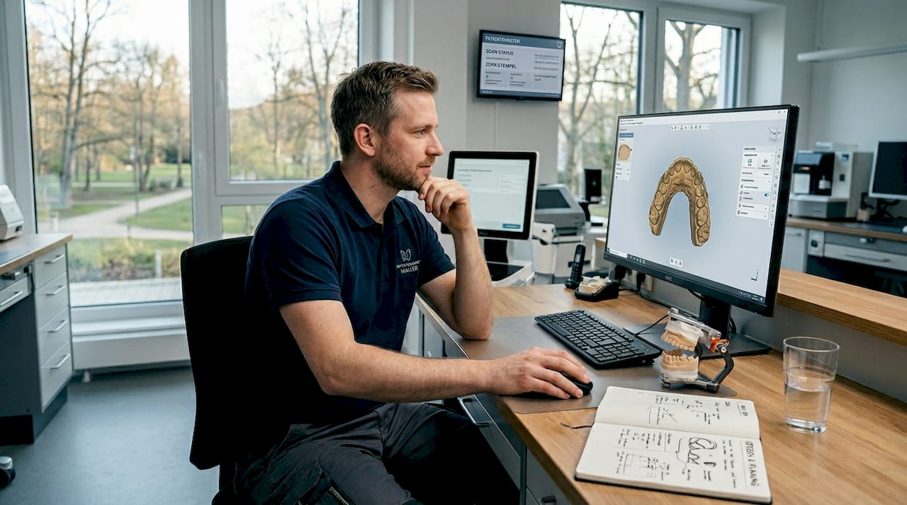 Ein Zahntechniker begutachtet den digitalen Scan einer Prothese.