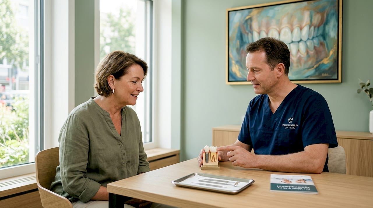 Ein Patient lässt sich vom Zahnarzt ausführlich über die Möglichkeiten von Zahnimplantaten beraten.