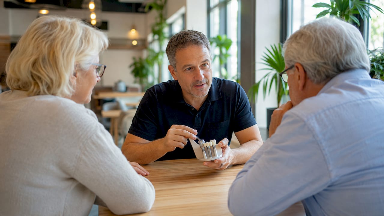 Ein Zahnarzt erläutert seinen Patienten die Vorteile und den Ablauf der navigierten Implantologie.