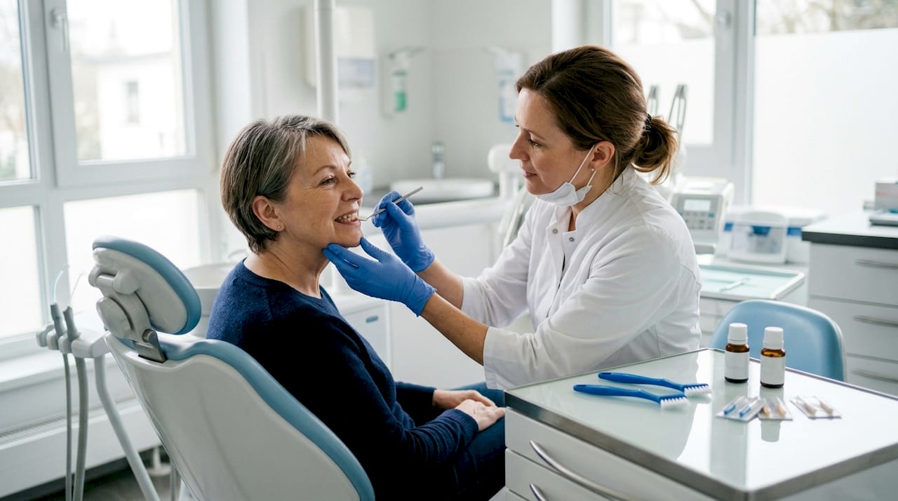 Eine Patientin probiert im Behandlungsraum ihre neue Zahnprothese an.