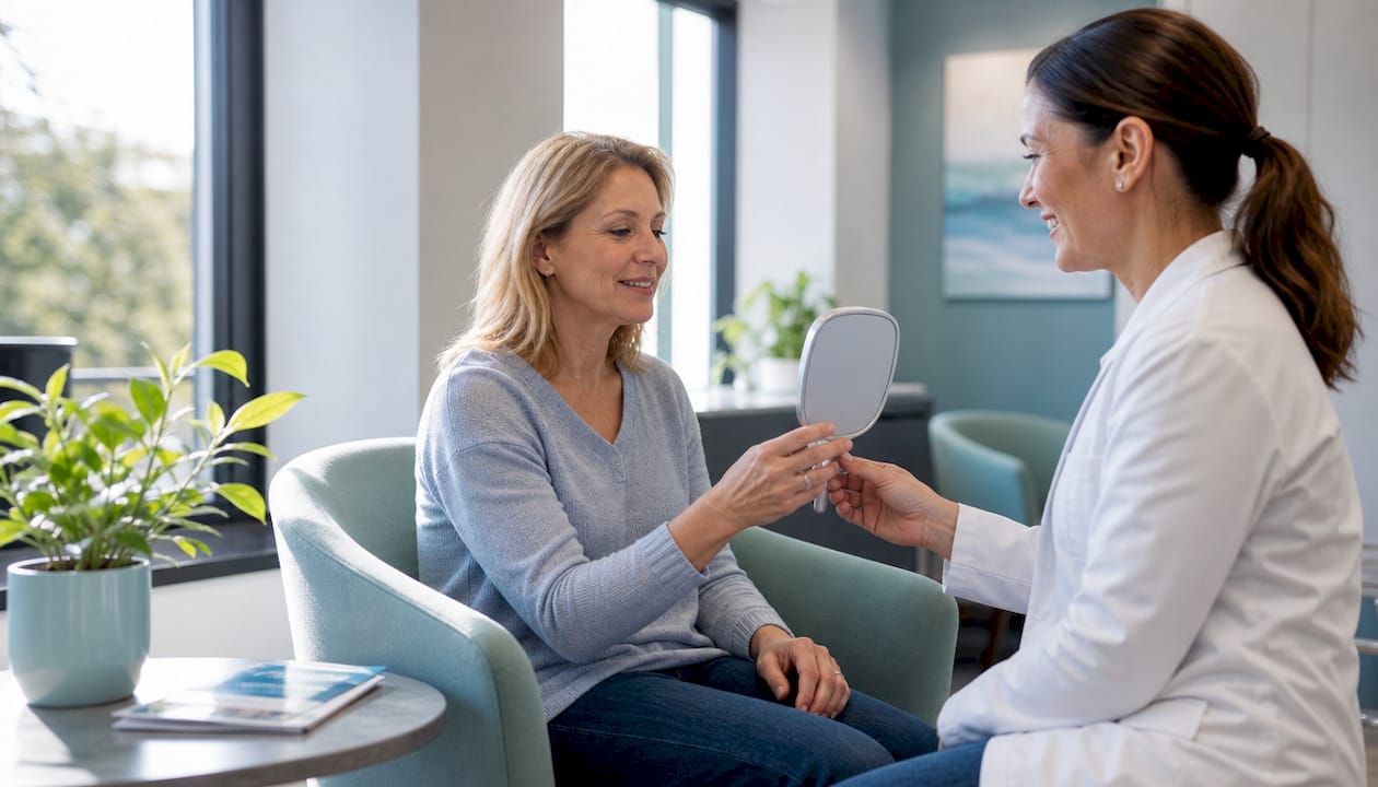 Im Beratungsraum bespricht der Zahnarzt gemeinsam mit seinem Patienten die geplante Behandlung.