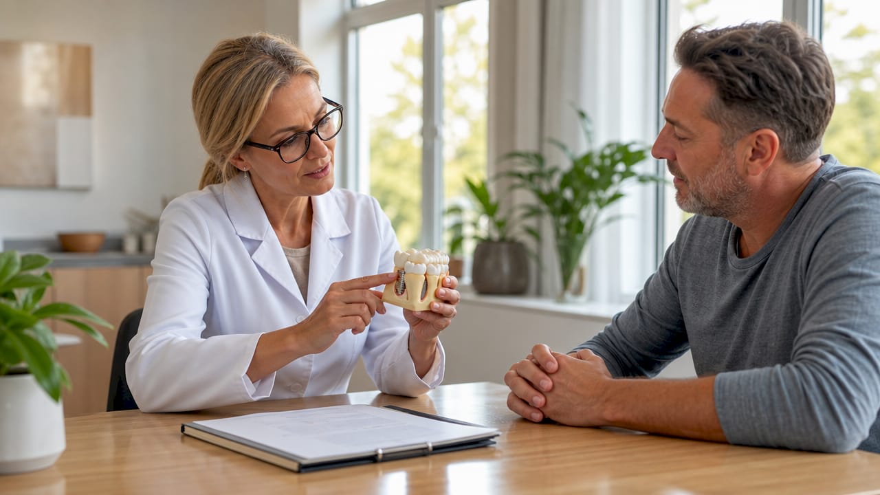 Der Zahnarzt nimmt sich Zeit, seinem Patienten ausführlich zu erläutern, wie sicher Zahnimplantate heutzutage sind und beantwortet alle offenen Fragen rund um das Thema.