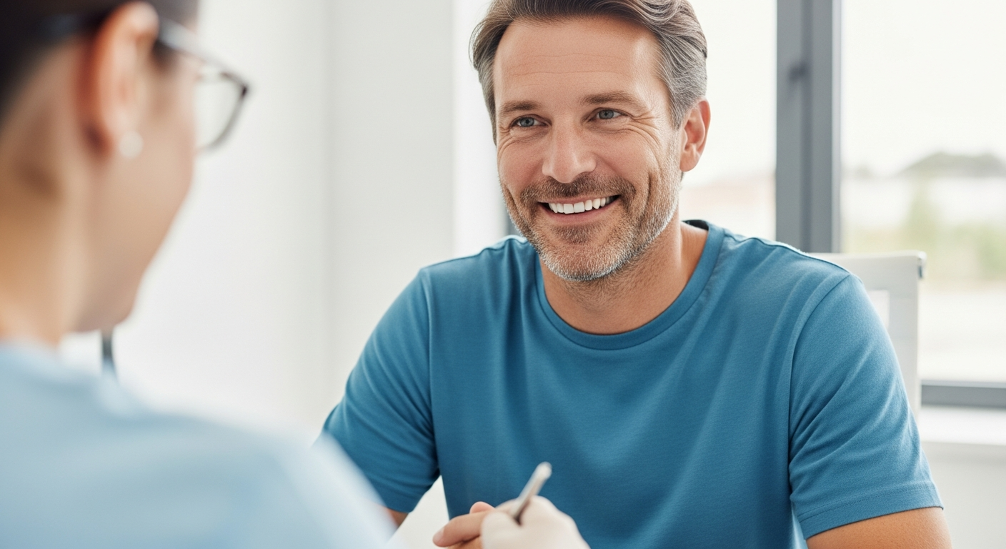 Patient im Beratungsgespräch zu den Kosten eines Bleachings in einer modernen Zahnarztpraxis