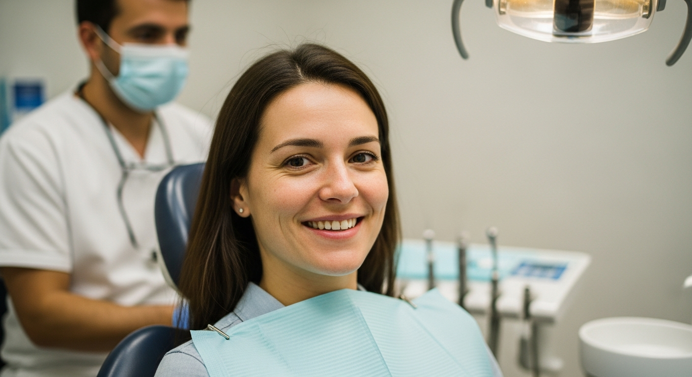 Entspannte Patientin im Zahnarztstuhl, Zahnarzt im Hintergrund, sicheres professionelles Bleaching