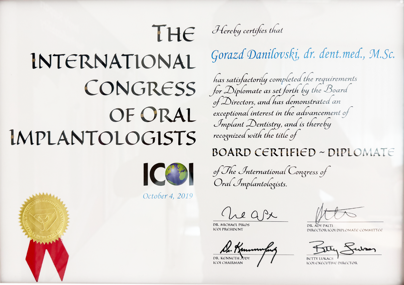 ICOI-Urkunde Board Certified Diplomate von Dr. Gorazd Danilovski, International Congress of Oral Implantologists, 2019