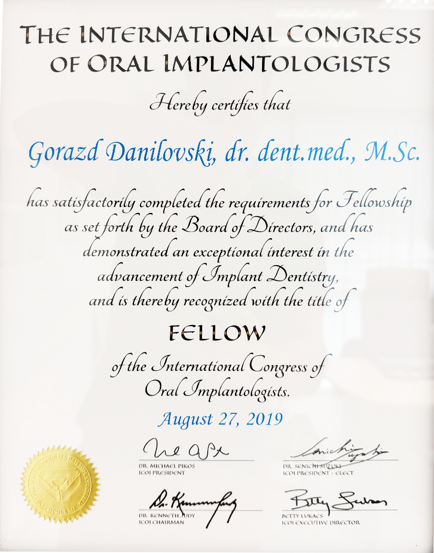 ICOI-Urkunde Fellow von Dr. Gorazd Danilovski, International Congress of Oral Implantologists, 2019