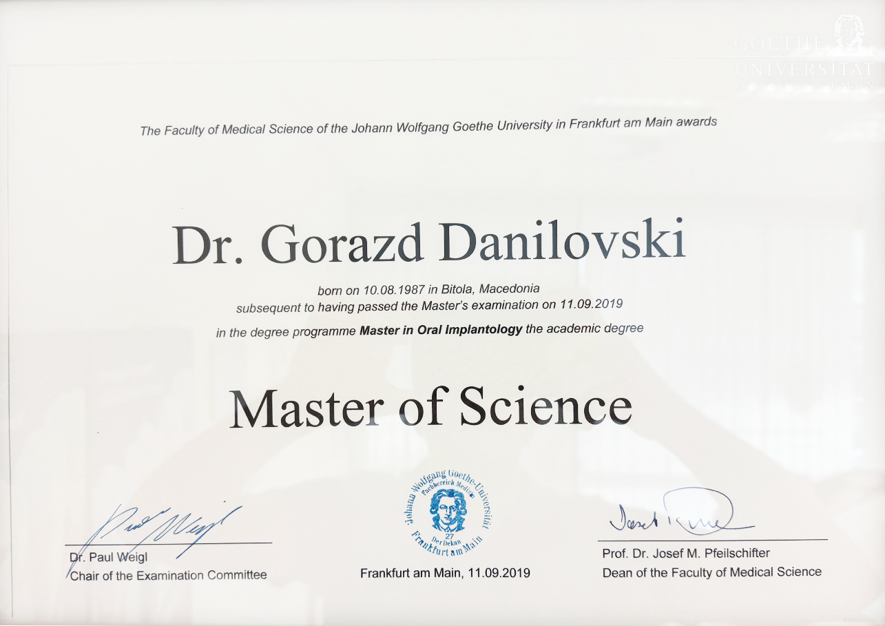Master-of-Science-Urkunde in Oral Implantology von Dr. Gorazd Danilovski, Goethe-Universität Frankfurt am Main, 2019