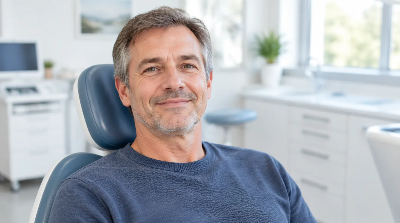 Entspannter Patient um 50 Jahre im Behandlungsstuhl einer hellen Zahnarztpraxis